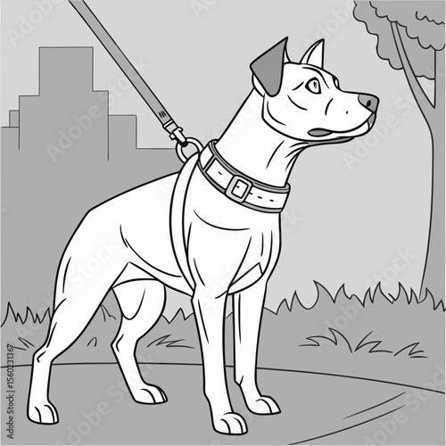 Dog on leash in park with city background in grayscale