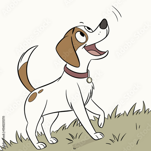 Cartoon dog looking up while standing on grassy hill