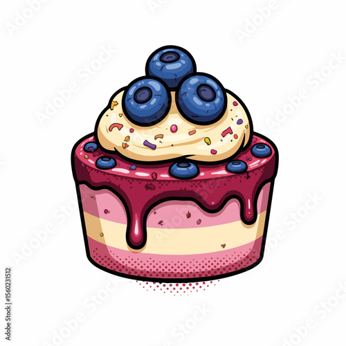 Sweet blueberry dessert with fresh cream topping and sprinkles. This blueberry dessert showcases layers of sponge cake and berry compote.
