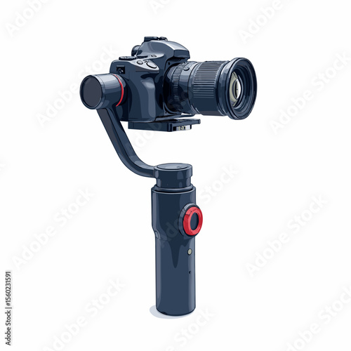 Camera gimbal handle depicted in detailed artwork, showing modern camera with mounted stabilizer. Camera gimbal handle helps videographers to keep camera stable while moving around.