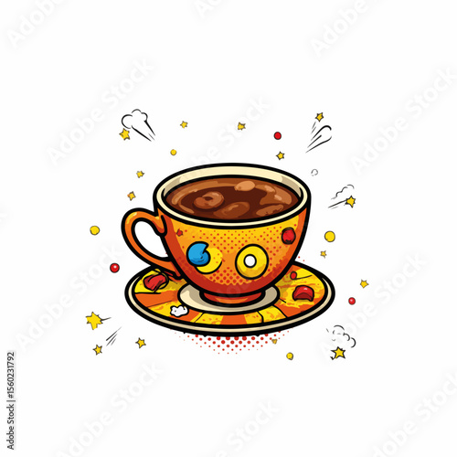 Cup of tea with a fun design displayed on saucer, a cup of tea with colorful dots and circles on white backdrop. Warm cup of tea as comfort beverage. Conceptual cup of tea in vector design.
