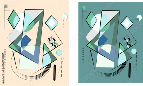 Geometric shapes and lines create an abstract composition with a mix of colors on two different backgrounds. The left side features a teal backdrop, while the right side contrasts with a cream color.