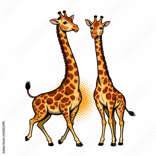 Two giraffes pose playfully, showcasing giraffes in detailed illustration, featuring spotted coats and elongated necks. Giraffes charm with their distinctive patterns and graceful postures,