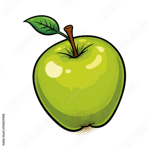 Fresh green apple featuring stem and leaf, delicious fruit in vibrant shades of green. This green apple, a healthy and nutritious snack, is rendered in a modern style.
