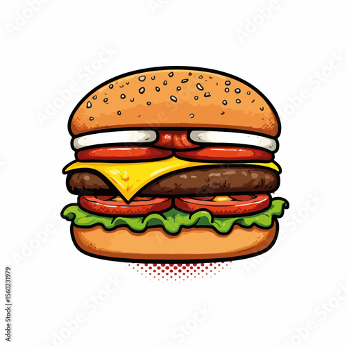 Hamburger illustration showing a classic burger with fresh toppings, including lettuce, tomato, onion, and cheese. Hamburger illustration is designed with vibrant colors and clear outlines,