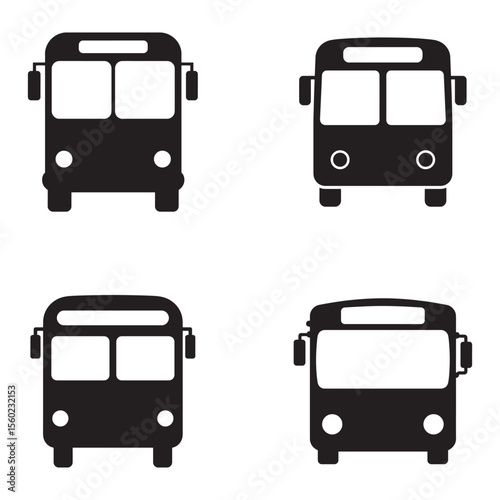 “Set of Simple Black Bus Front Silhouette Icons – Transportation Vehicle Symbols Collection”

