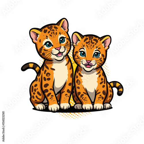 Two leopard cubs, adorable cartoon characters, on a white background. These leopard cubs pose together, orange fur marked with spots, creating a charming illustration.