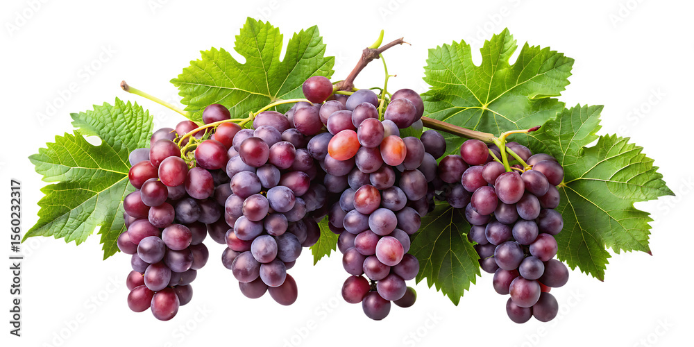 Ripe red purple grapes with green leaves on a vine isolated on a transparent background red grapes fruit Ripe red purple grapes with green leaves on a vine isolated on a transparent background red grapes fruit