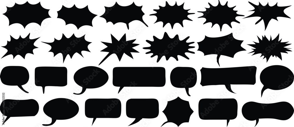Set of black ink splashes and comic speech bubble icons in vector design