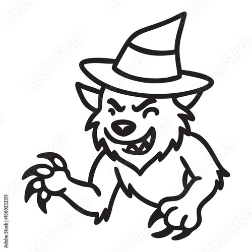 Cute cartoon werewolf character wearing a top hat with a mischievous grin.