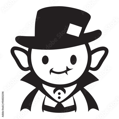 Cute cartoon vampire wearing a top hat and cape with a bow tie.