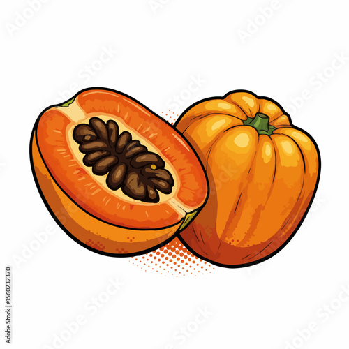 Fresh papaya fruit illustration showing vibrant colors and textures, ideal for food illustration projects. Papaya fruit provides a tropical splash with its orange tones and delicious appeal.