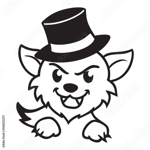 Cute cartoon werewolf character wearing a top hat with a mischievous grin.