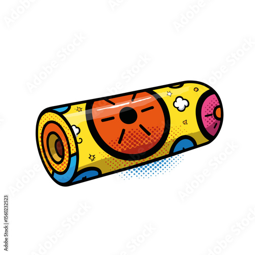 Rolled towel illustration in bright colors on white background, depicting a rolled towel with fun patterns, circles, and clouds. Whimsical design illustrates rolled towel suitable for bathroom decor,