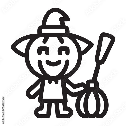 Cute cartoon witch character with a broomstick and pointed hat.