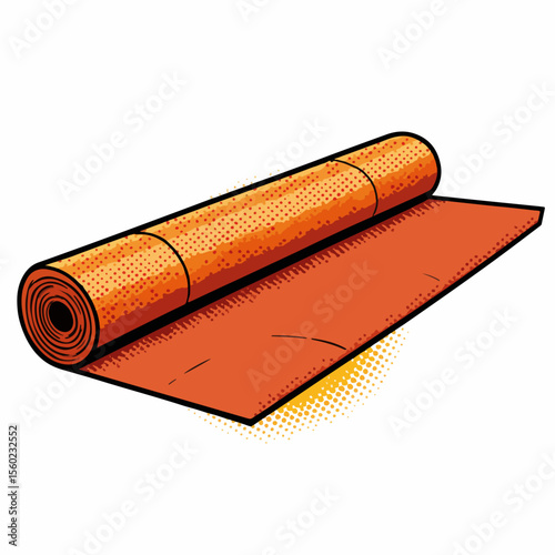 Orange rolled yoga mat against white backdrop, detailed with textured surface and visible roll end. Rolled yoga mat provides support and comfort during exercise sessions, promoting flexibility.