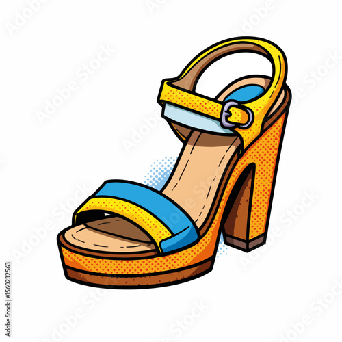 Single sandal with yellow platform heel and blue strap, isolated on white. Sandal design showcases open-toe platform, ankle strap and buckle, as well as vintage comic book style color dots.