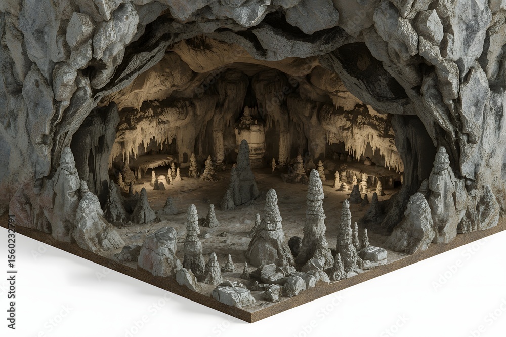 Fototapeta premium Cave Interior, Stalagmites, Diorama, Isolated, White Background, Geology, 3D Render