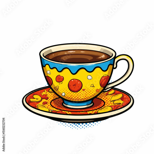 Tea cup with vibrant colors and playful pattern showcased on saucer. Tea cup illustration features yellow, red, and blue hues, conveying warmth and joy. Decorative tea cup design,