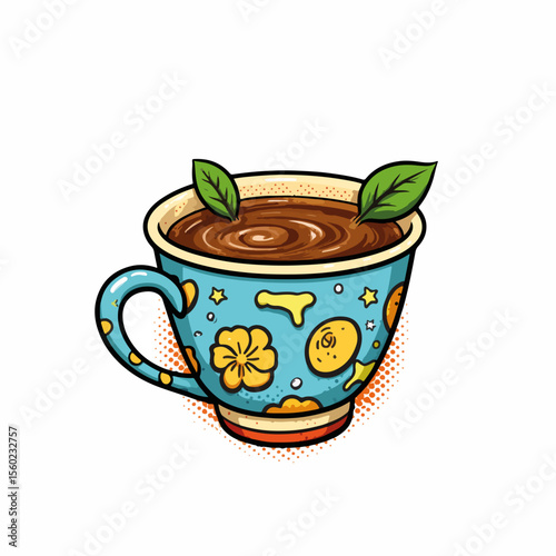 Tea with mint in decorative cup for refreshing drink concept. Tea with mint, featuring fresh leaves and a patterned ceramic cup, creates an inviting beverage illustration.