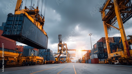 cargo crane efficiently loading shipping container at busy port terminal during global logistics and trade operations