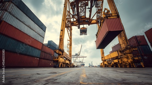 cargo crane efficiently loading shipping container at busy port terminal during global logistics and trade operations