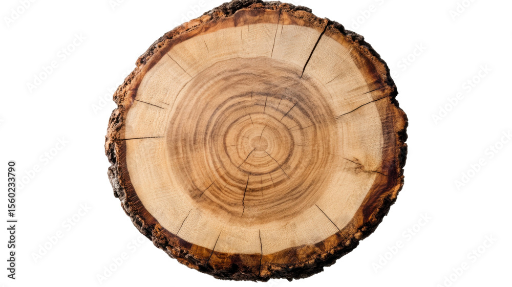 Fototapeta premium Title: Round Wooden Tree Slice with Natural Bark Texture Isolated on White Background