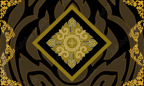 Elegant Thai traditional pattern with golden floral motifs on black background, perfect for luxury design, temple art, textiles, or cultural themed projects.