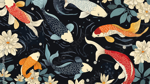 Elegant Koi Carps Swimming in Japanese Asian Waters