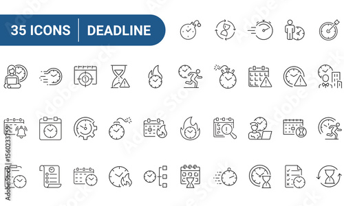 Deadline Web Icons Set in Line or outline Style related to Deadline. Icons For Web and Mobile Apps. Linear icons collection. Editable strokes. Vector illustration.