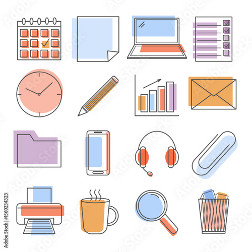 Modern flat color office icon set featuring 16 office-related symbols. Ideal for digital media, apps, websites, presentations, and branding projects. 