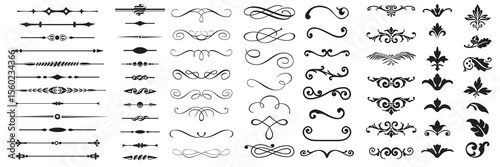 Set or collection of vector filigree flourishes for design. Decorative elements collection.