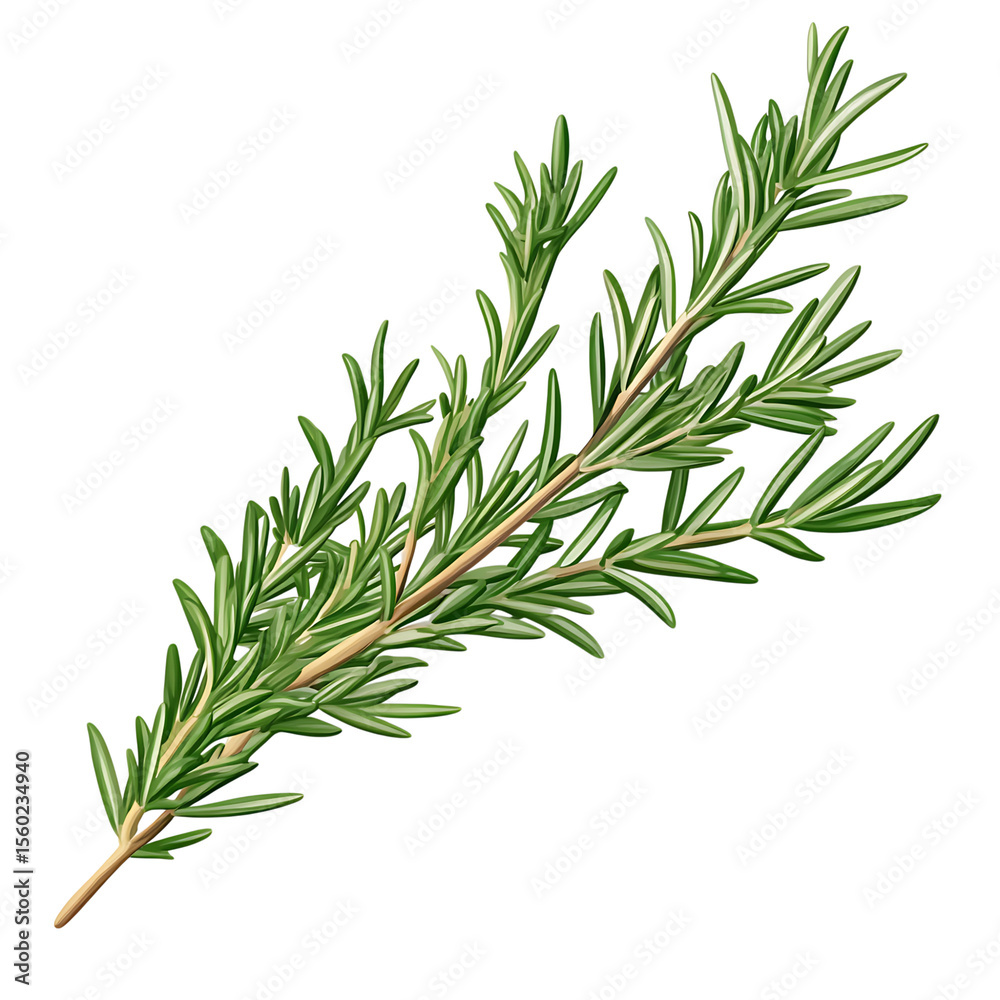 Fototapeta premium Fresh rosemary sprigs with detailed needle-like leaves, isolated on transparent background.