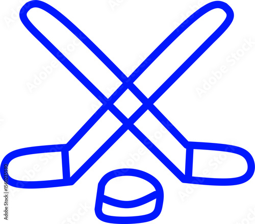 blue line icon of cross sticks in circle. Blue line icon of hockey sports theme in circle