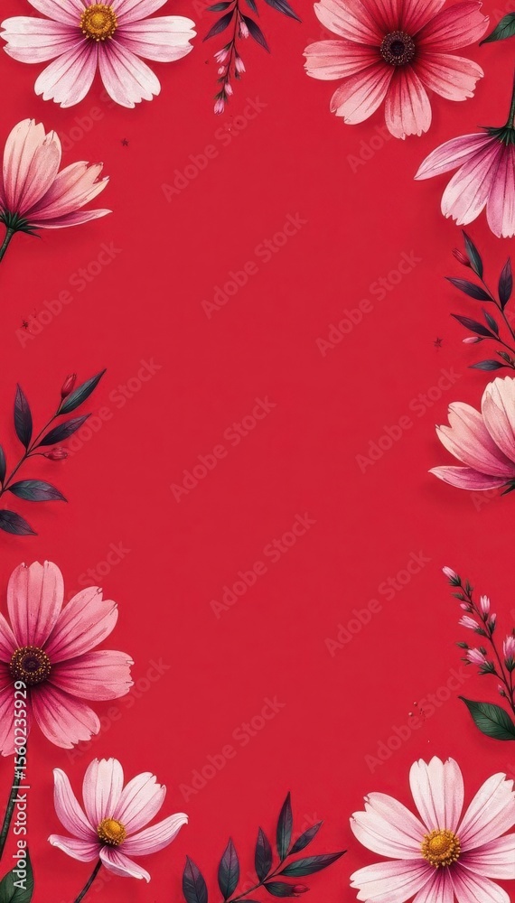 Obraz premium Romantic watercolor cosmos bouquet, seamless red background pattern , cosmos flowers, seamless