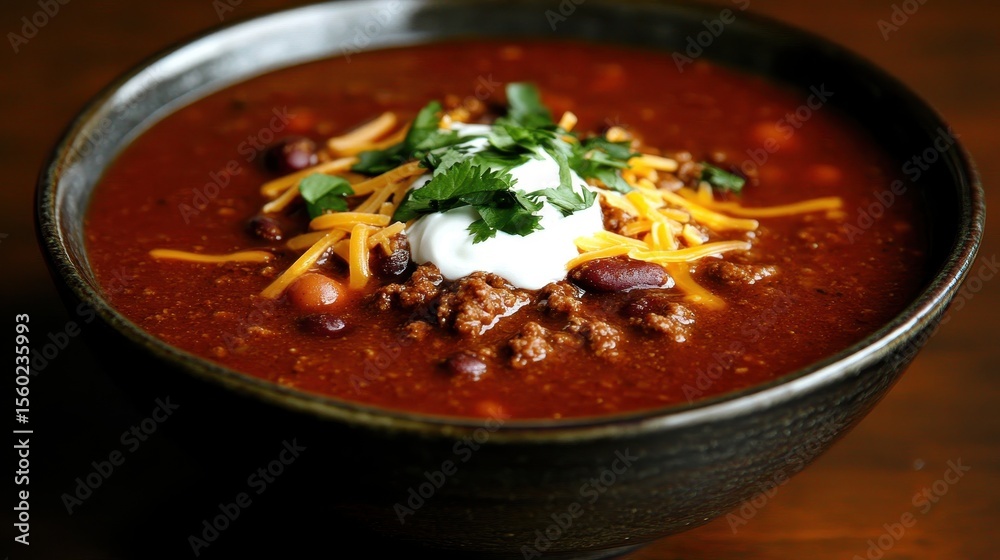Hearty Bowl of Chili Con Carne with Toppings and Fresh Cilantro Hearty Bowl of Chili Con Carne with Toppings and Fresh Cilantro