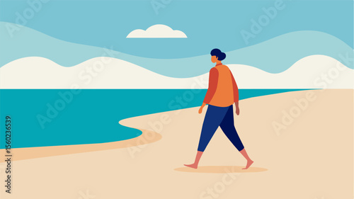 A person walking foot on a sandy beach grounding themselves in nature and promoting a sense of peace and calmness.. Vector illustration