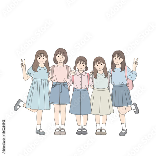 Vector set of junior high school female students in their uniforms
