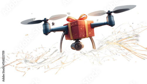  Drone Gift Delivery: Futuristic Holiday Present Transport & Tech. Aerial Parcel Service with Quadcopter & Wrapped Box.