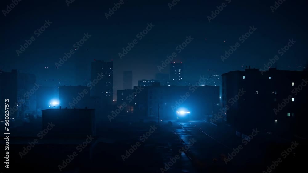 Futuristic city skyline glowing blue at night with illuminated towers and atmospheric cyberpunk mood