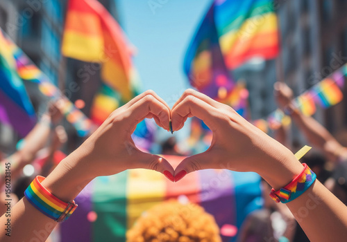 Hands forming a heart shape against a vibrant rainbow flag, symbolizing love, acceptance, and support for LGBTQ+ pride and diversity