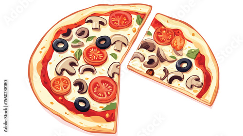 Delicious Pizza with Fresh Mushroom, Tomato, Cheese, and Olives on Italian Table