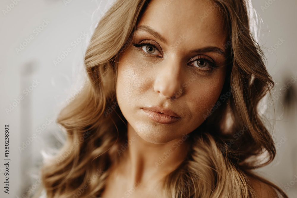 Naklejka premium Portrait of attractive young woman with wavy hair. Model looks expressively at camera. Close-up