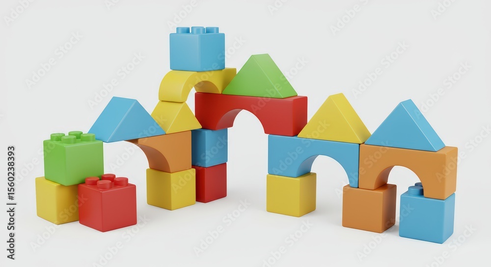 Fototapeta premium Colorful Building Blocks Castle: A Playful Arrangement of Brightly Colored Toy Blocks Forming a Creative Structure.