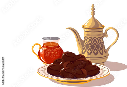 Traditional Arabian Tea Set with Dates & Teapot: Perfect for Ramadan Iftar, Islamic Culture & Hospitality Designs – Authentic Middle Eastern Delights PNG