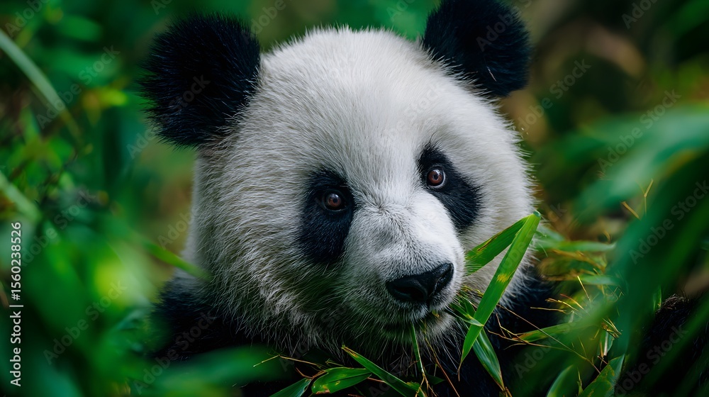 Fototapeta premium Cute panda bear eating bamboo in natural habitat wildlife photography adorable animal photo background 100