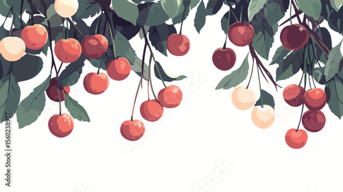 Vibrant Red Ripe Berries Hanging on Cherry Tree Branch