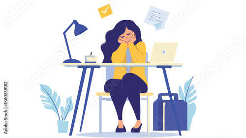 Exhausted Upset Businesswoman Feeling Sad and Tired in Professional Workplace