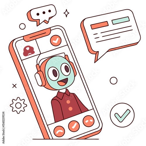 Illustration of a mobile phone displaying a cartoon character with speech bubbles and various interface elements