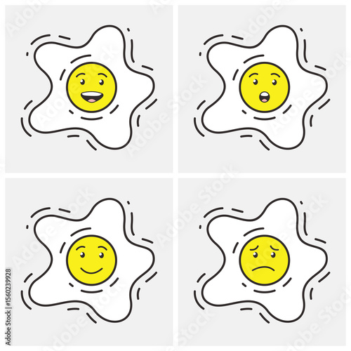 Set of Cute Fried Egg Emoticons with Different Expressions